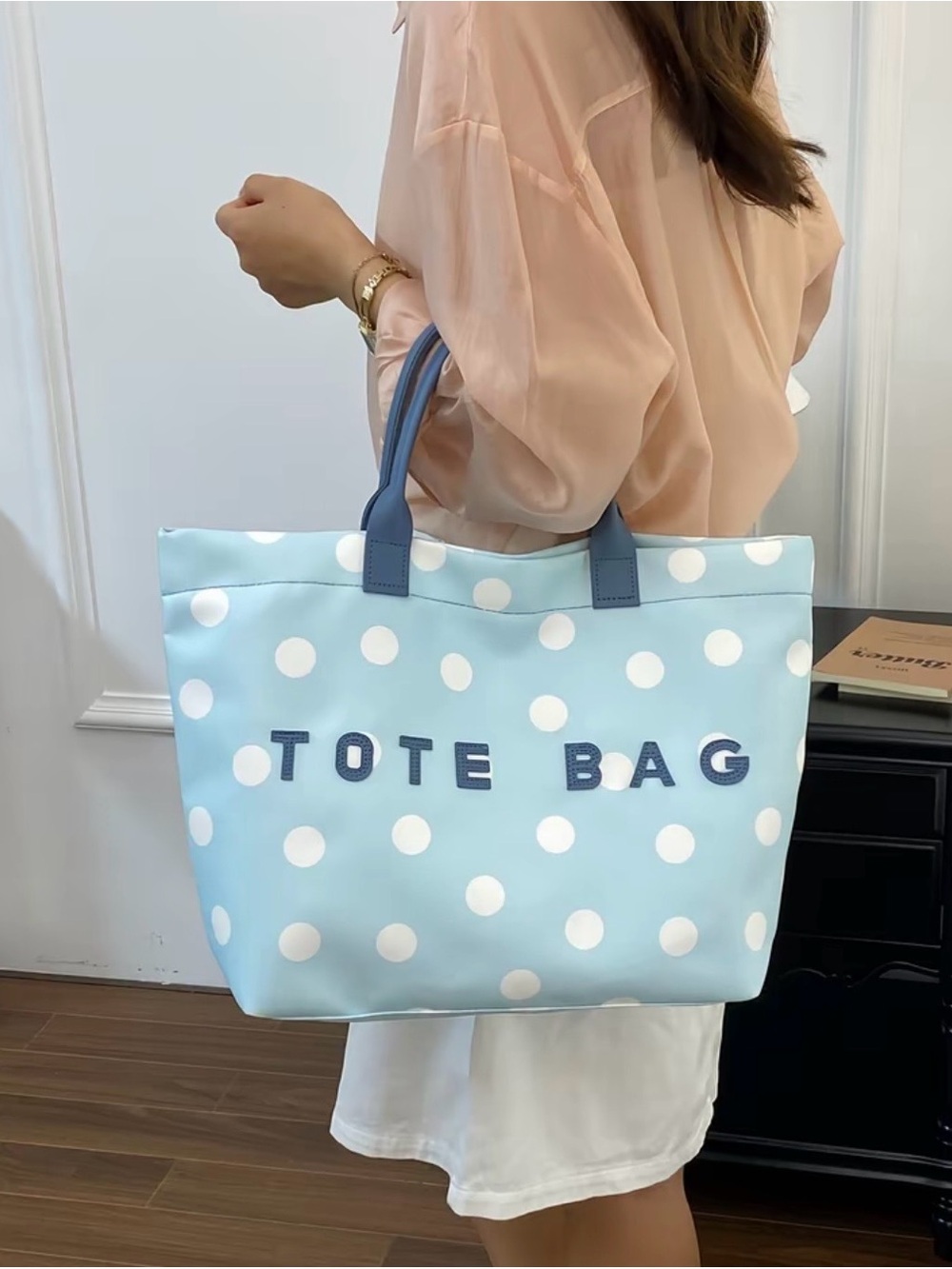 Light Blue Polka Dot Tote Bag with Navy Handles - Tote Bag
